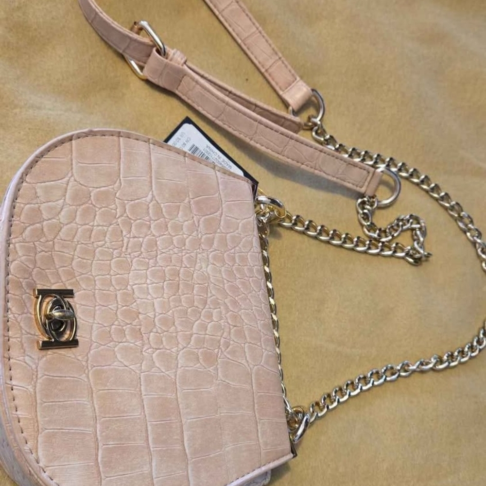 Bebe Pink Croc-Embossed Crossbody Bag with Chain Strap